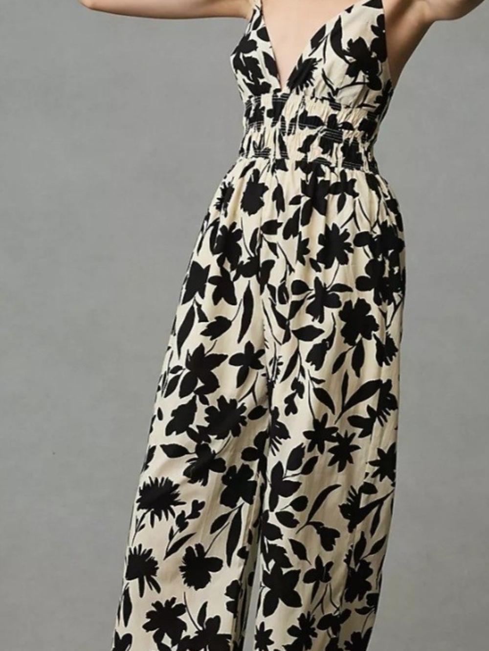 Anthropologie Cream and Black Floral V-Neck Jumpsuit